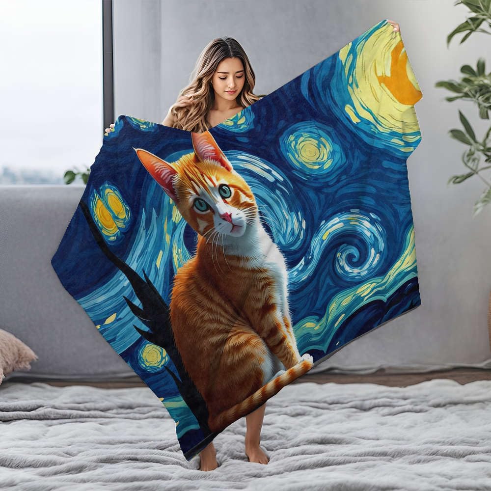 Couverture polaire chat roux et sa nuit étoilée magique et douce