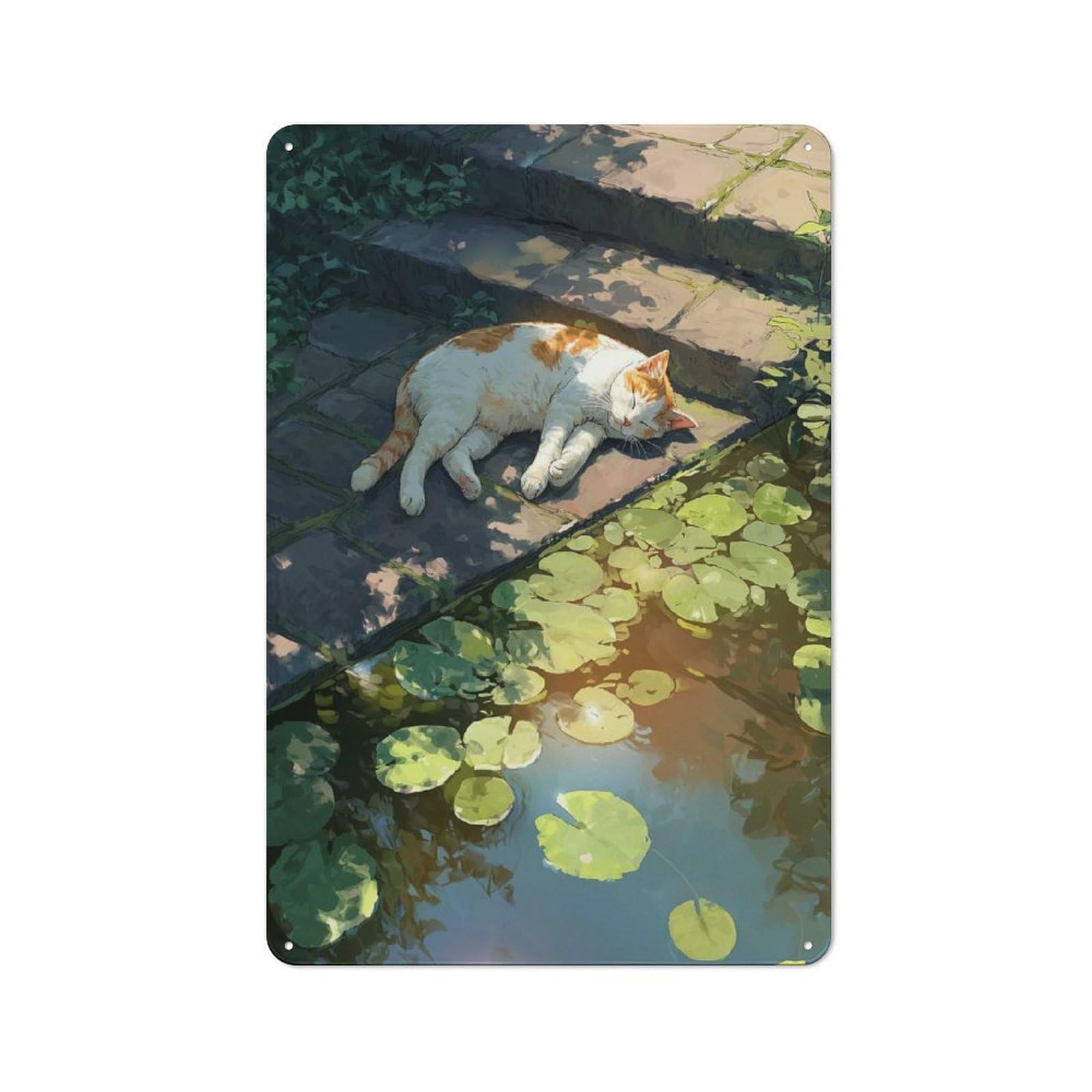 Junmoney Style-20 Cat Nap By The Lily Pond Cottage Style Metal Wall Decor 30X20cm, Tin Wall Plaque For Kitchen, Cottage, Porch Or Garden Room