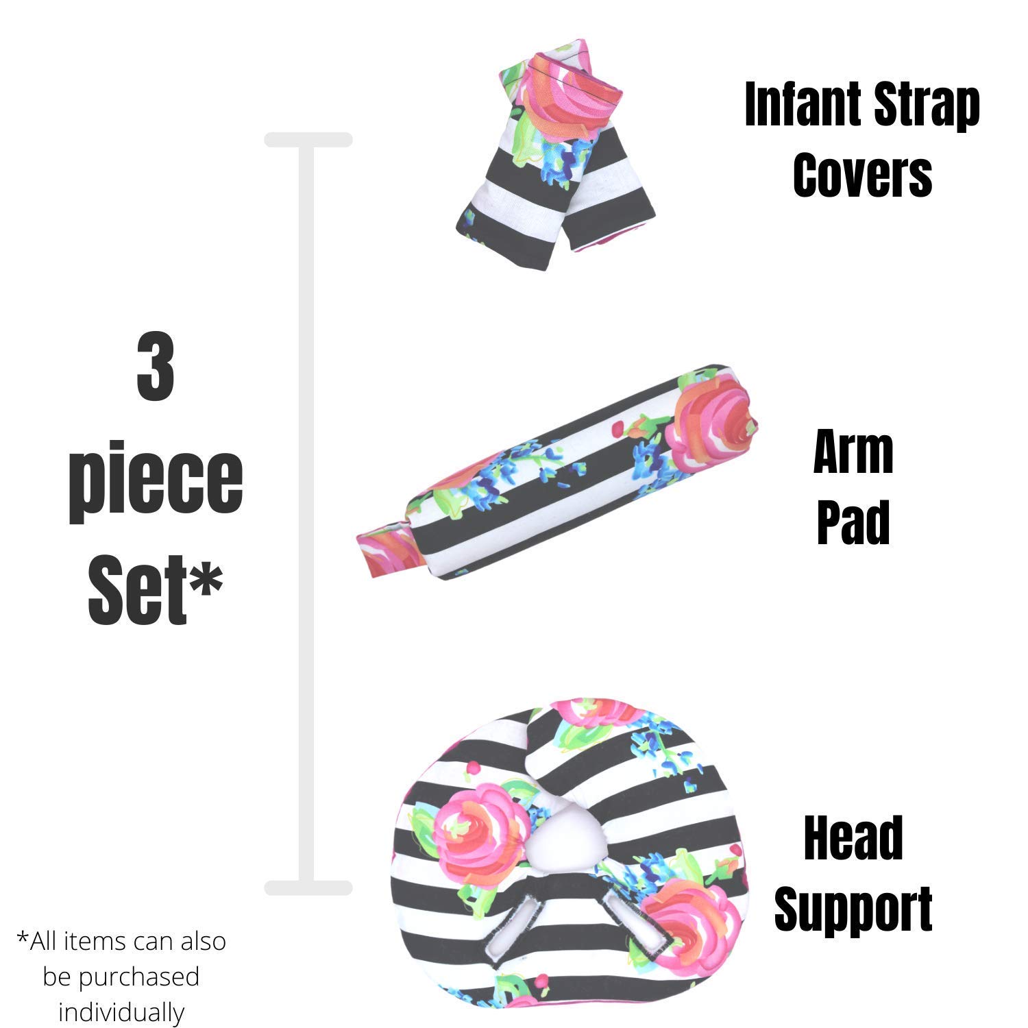 Infant Car Seat Head Support Set, Watercolor Floral and Black White Stripes, Newborn Head Rest, Baby Strap Covers, Carry Cushion