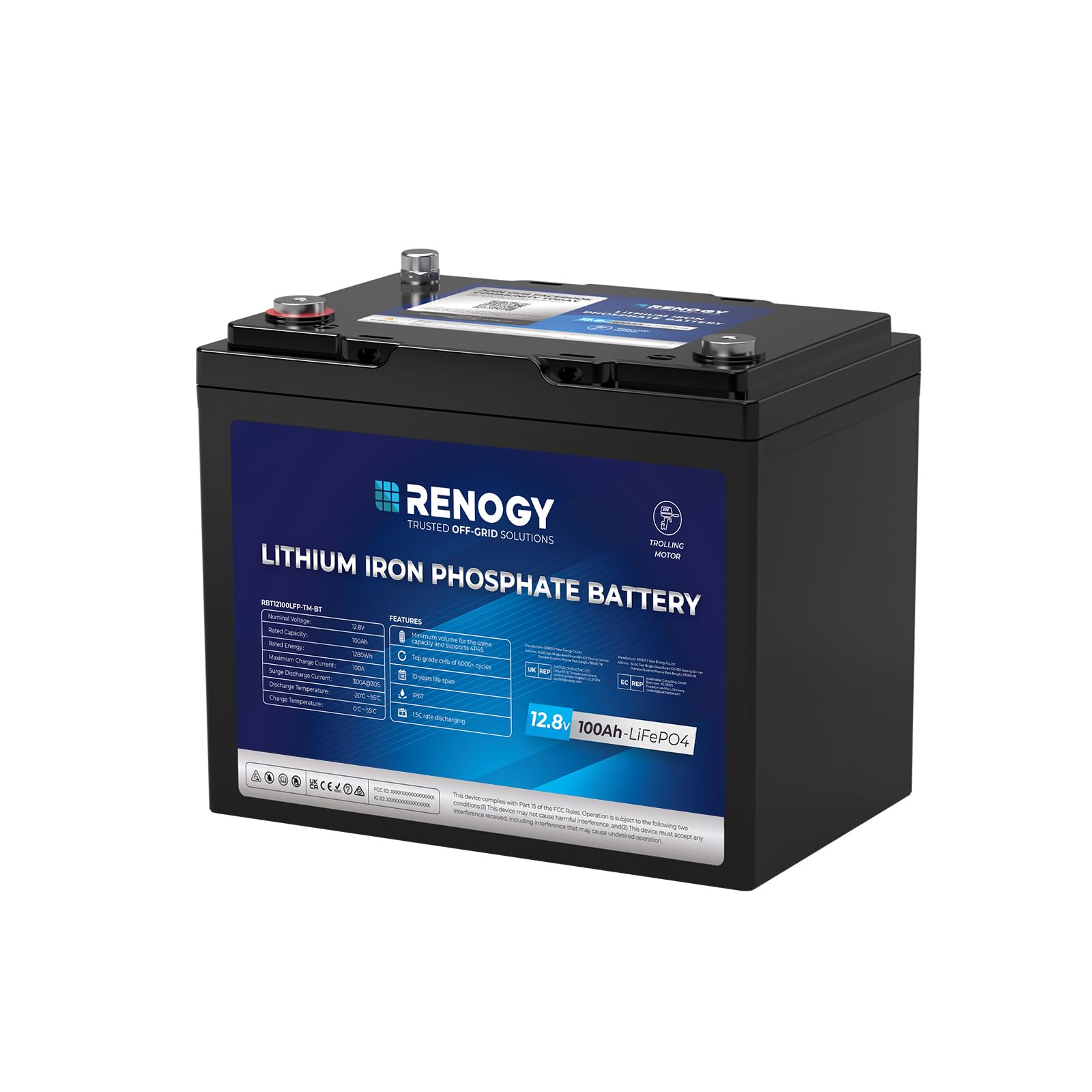 Renogy 12V 100Ah Trolling Motor Lithium Lifepo4 Battery with Bluetooth, Built in 100A BMS, IP67 Waterproof Group24 Deep Cycle Battery for Yacht, Marine, Boat, RV, Home Backup Energy