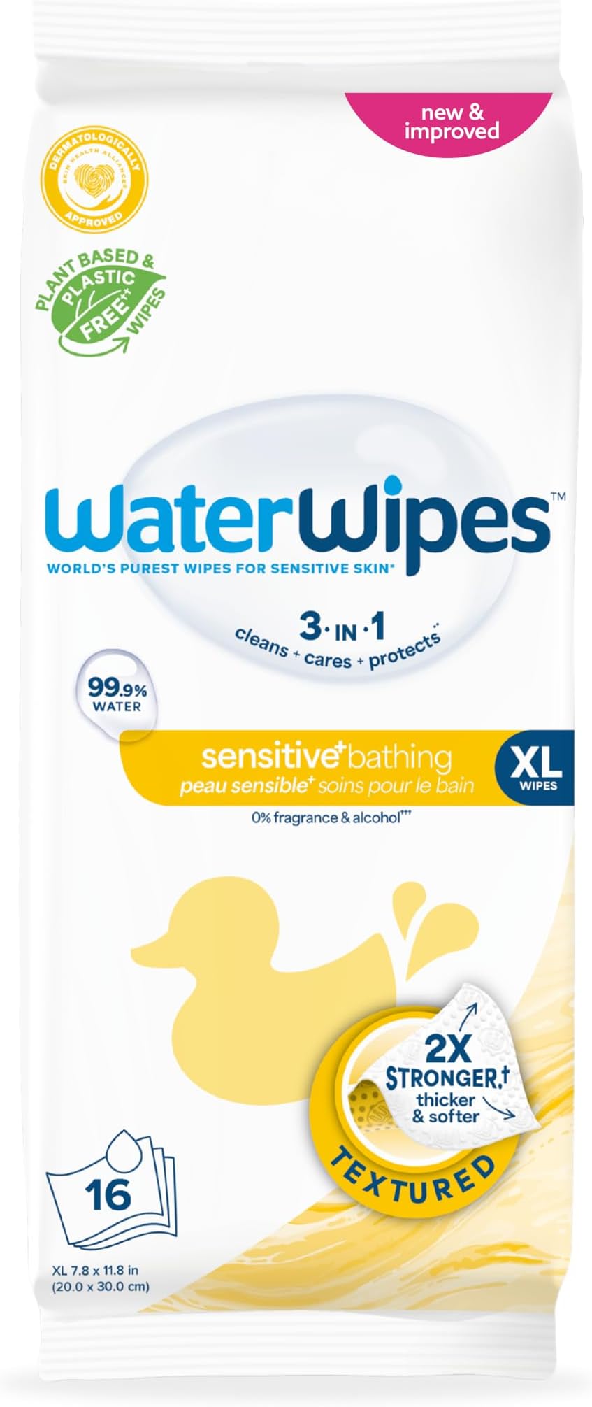WaterWipes XL Unscented, No-Rinse, Textured Bath Wipes for Sensitive & Newborn Skin, 1 Pack (16 Count) - Packaging May Vary