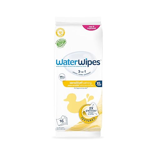 WaterWipes Sensitive+ Toallitas de baño, 3 en 1 limpias, cuidan, protegen, 99.9% de agua, sin perfume e hipoalergénicas, 16 unidades (paquete de 1)