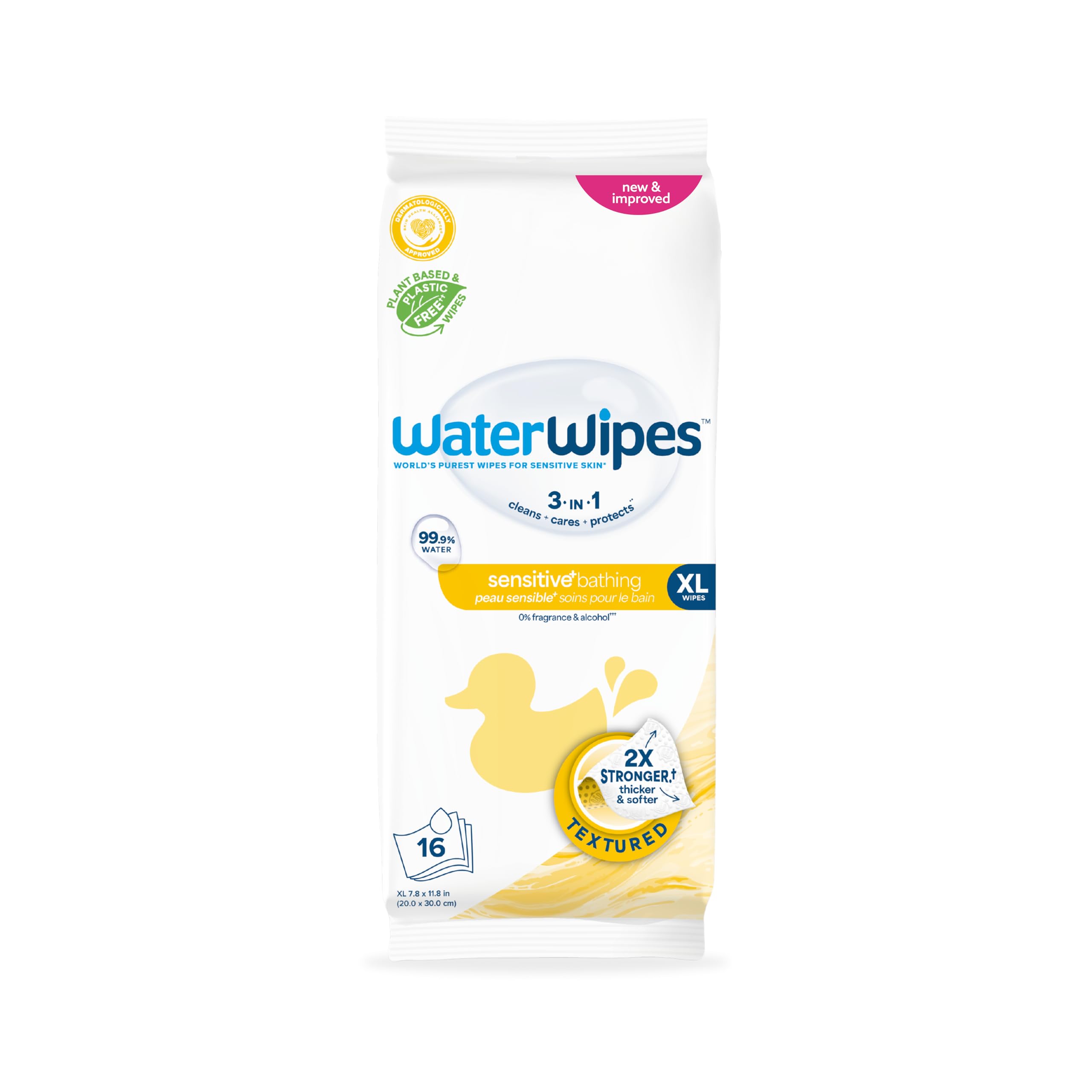 Sensitive+ Bathing Wipes, 3-In-1 Cleans, Cares, Protects, 99.9% Water, Unscented & Hypoallergenic, 16 Count (1 Pack)