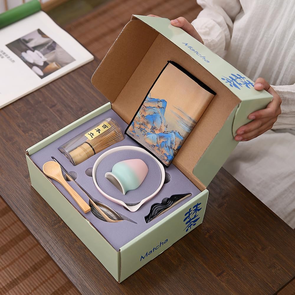 Duscdesp Matcha Set 5-teilig - Keramik Schale Mit Bambus Besen Weiß