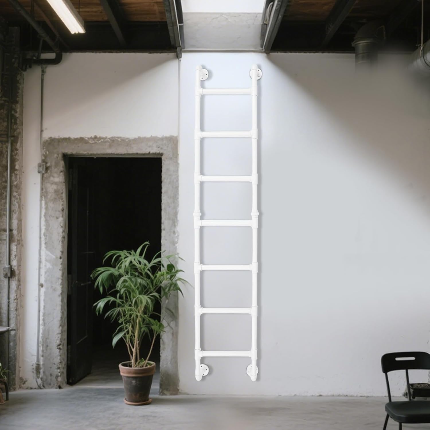 7FT Wall Mounted Step Ladder, Basement Window Well Egres Ladder 330lbs Capacity, Wrought Iron Pipe Frame Outdoor Climbing Industrial Step, Fire Emergency Escape Ladder for Attic Dorm RV Deck (White)