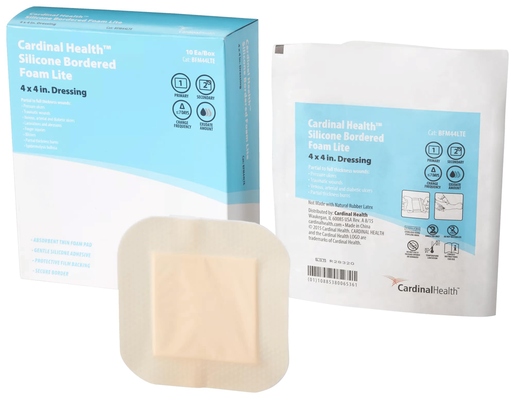 Cardinal Health™ Silicone Bordered Foam Dressing, Lite, 4 x 4IN, Case of 5 Boxes of 10