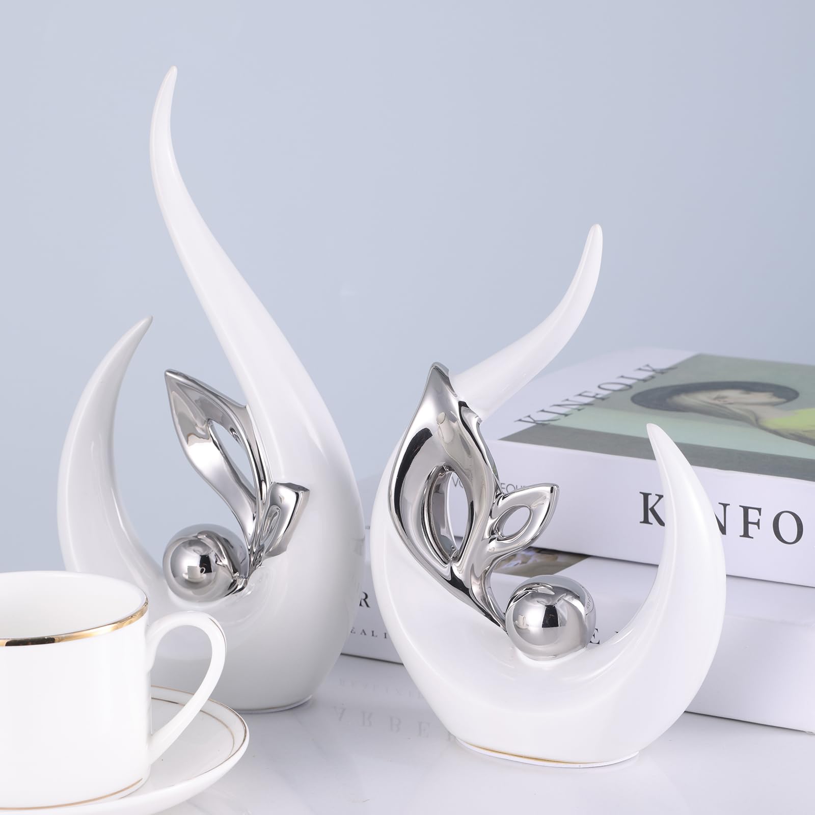 Estatuas de cerámica blanca y plateada para detalles de decoración del hogar, arte abstracto de mediados de siglo, decoración moderna de centro de mesa, escultura para entrada, soporte de TV 5