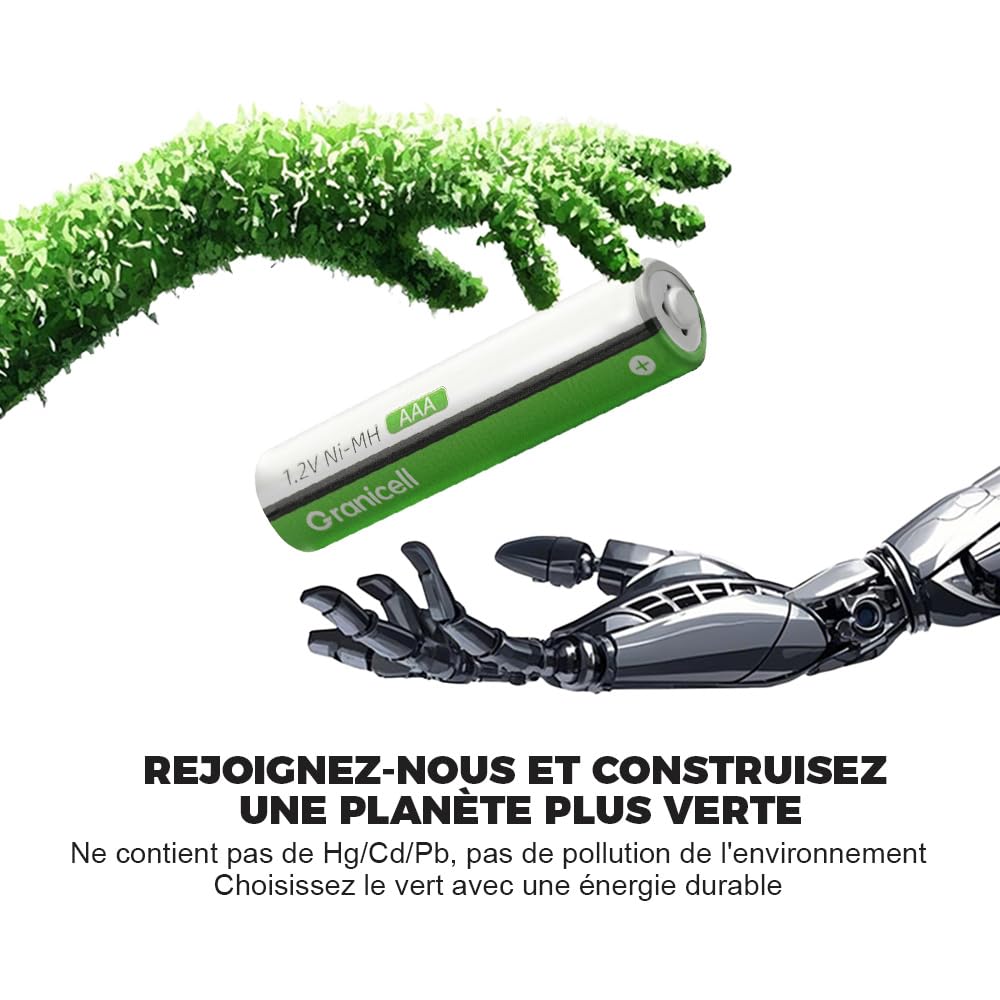 Granicell Lot de 12 piles rechargeables AAA 1100 mAh NiMH 1,2 V 1500 cycles