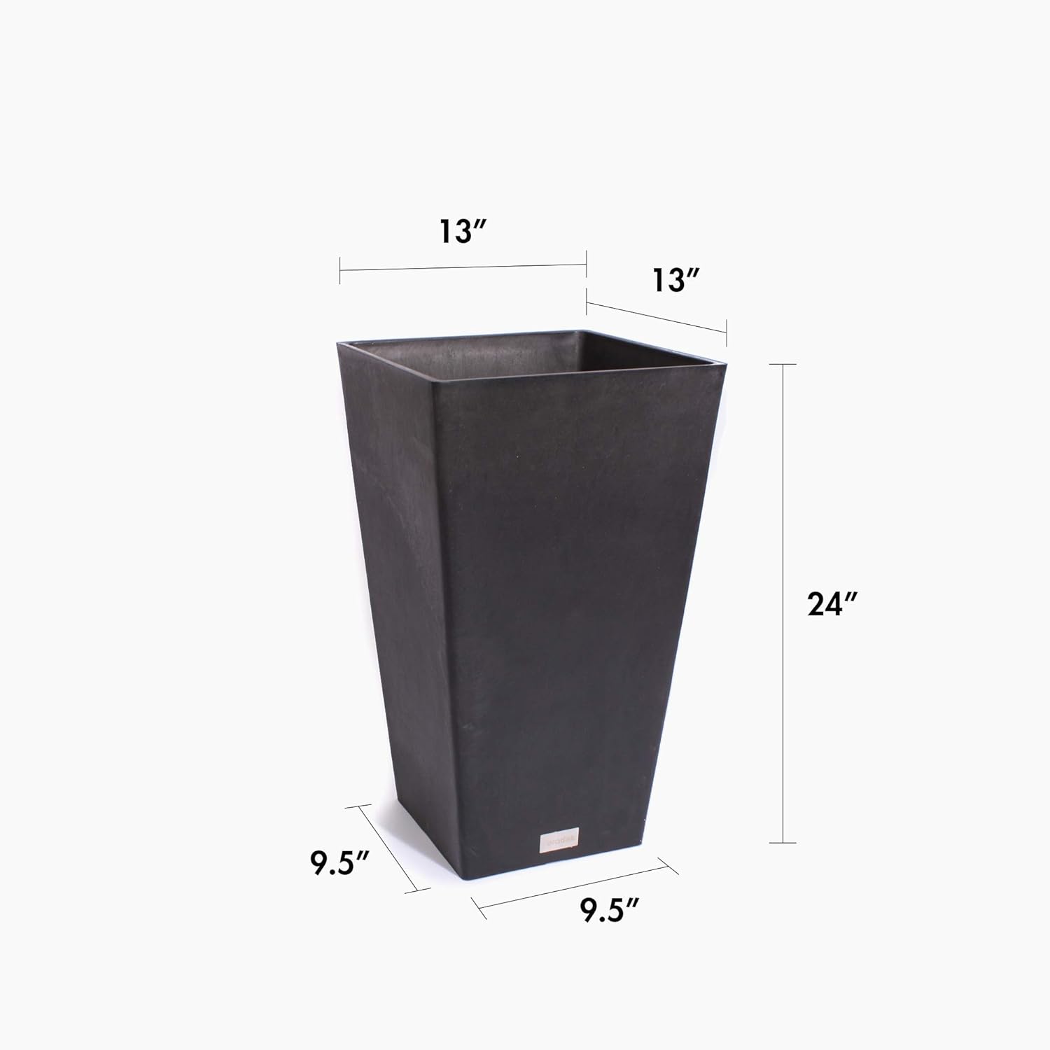 Diagram showing the dimensions of the Veradek Midland MV24B planter: 13 inches top width, 9.5 inches bottom width, and 24 inches height.