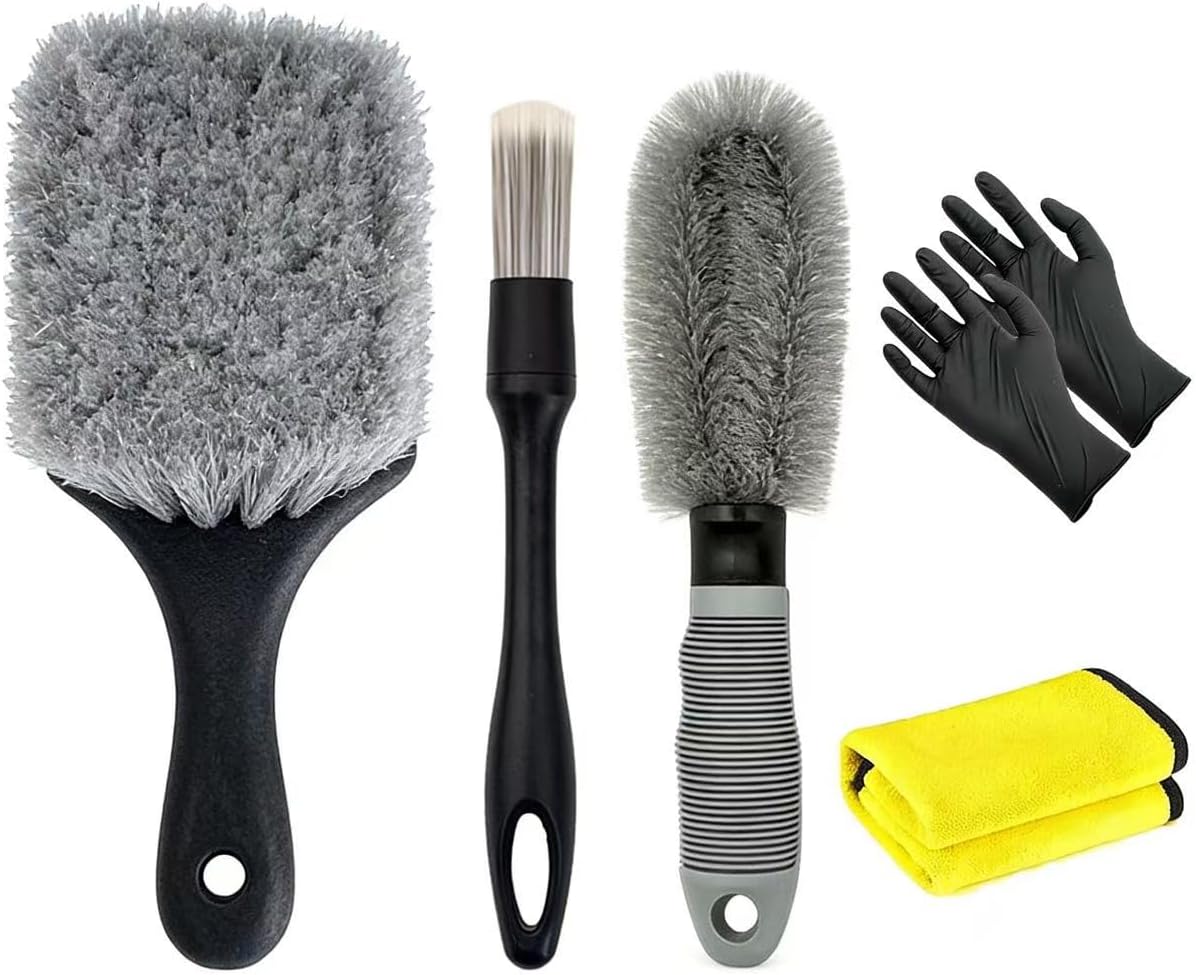 5PCS Car Wheel Cleaning Kit, Motorcycle or Bicycle Tire Brush Washing Tool Kit: Tyre Brush, Rim Brush, Detailing Brush, Washing/Drying Towel, Protective Gloves