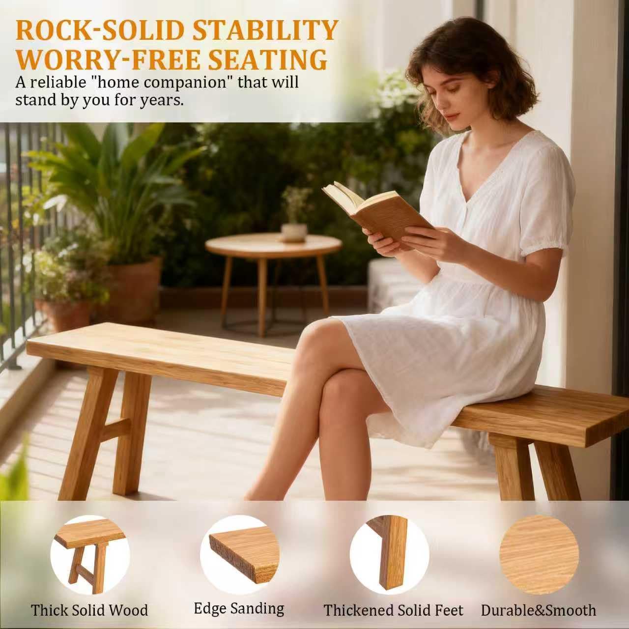 Solid Wood Entryway Bench - Farmhouse Dining Bench for Hallway, Bedroom, Kitchen - Rustic Elm Wood Furniture, 2-Person Seating Capacity