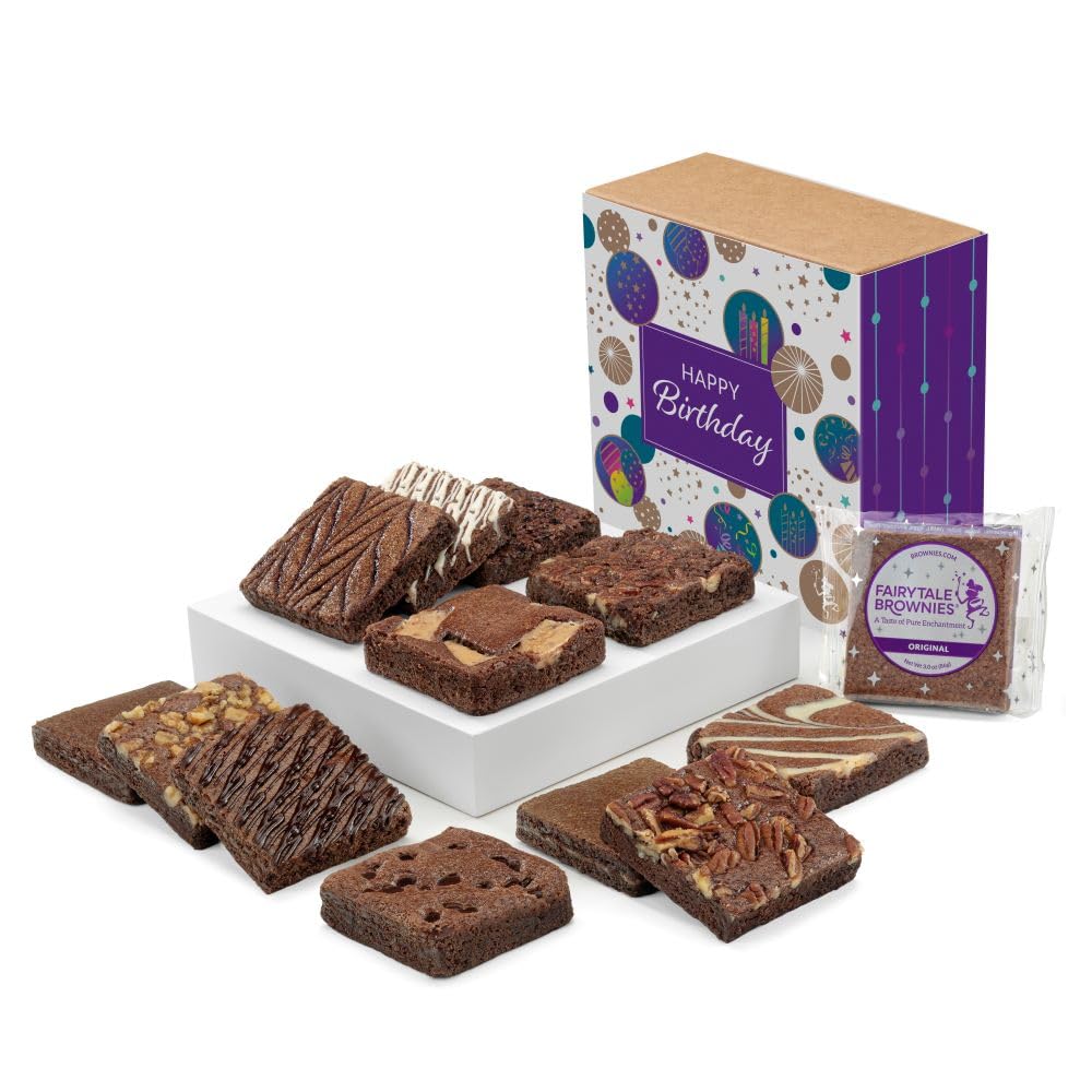 Fairytale Brownies Birthday Dozen Individually Wrapped Gourmet Chocolate Food Gift Basket - 3 Inch Square Full-Size Brownies - 12 Pieces - Item CB112