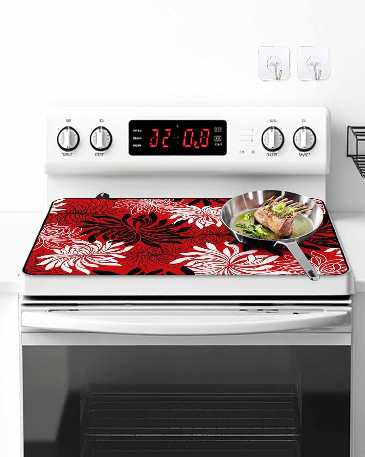Stove Top Cover Chrysanthemum Stove Cover for Electric Stove Top Vintage Red Black Floral Glass Cooktop Covers Anti-Slip Mat Heat R esistant Countertop Protector Kitchen Decor 28.5"x20.5"