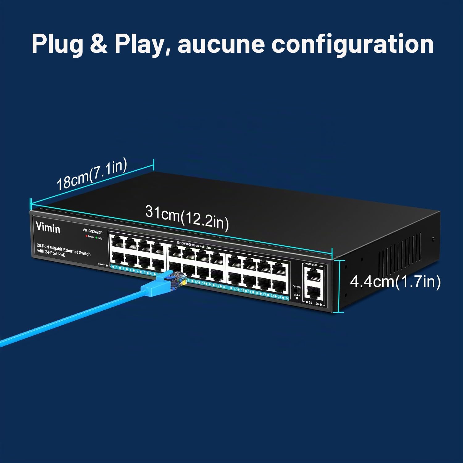 VIMIN Commutateur PoE Gigabit 24 Ports avec 2 Ports Montants Gigabit, Commutateur Ethernet PoE Non Géré 26 Ports avec Une Puissance de 320W, Prise en Charge de IEEE802.3af/at, VLAN, Boîtier en Métal