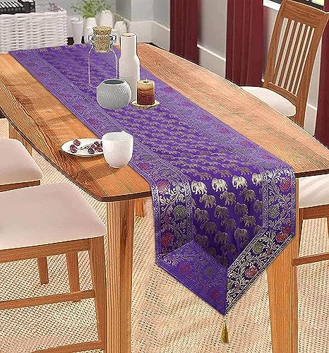 Image of Traditional Brocade Silk Table Runner for Living Room 4 to 6 Seater Dining Table Runner Elephant End Tassels 14x80 Inches (Purple)