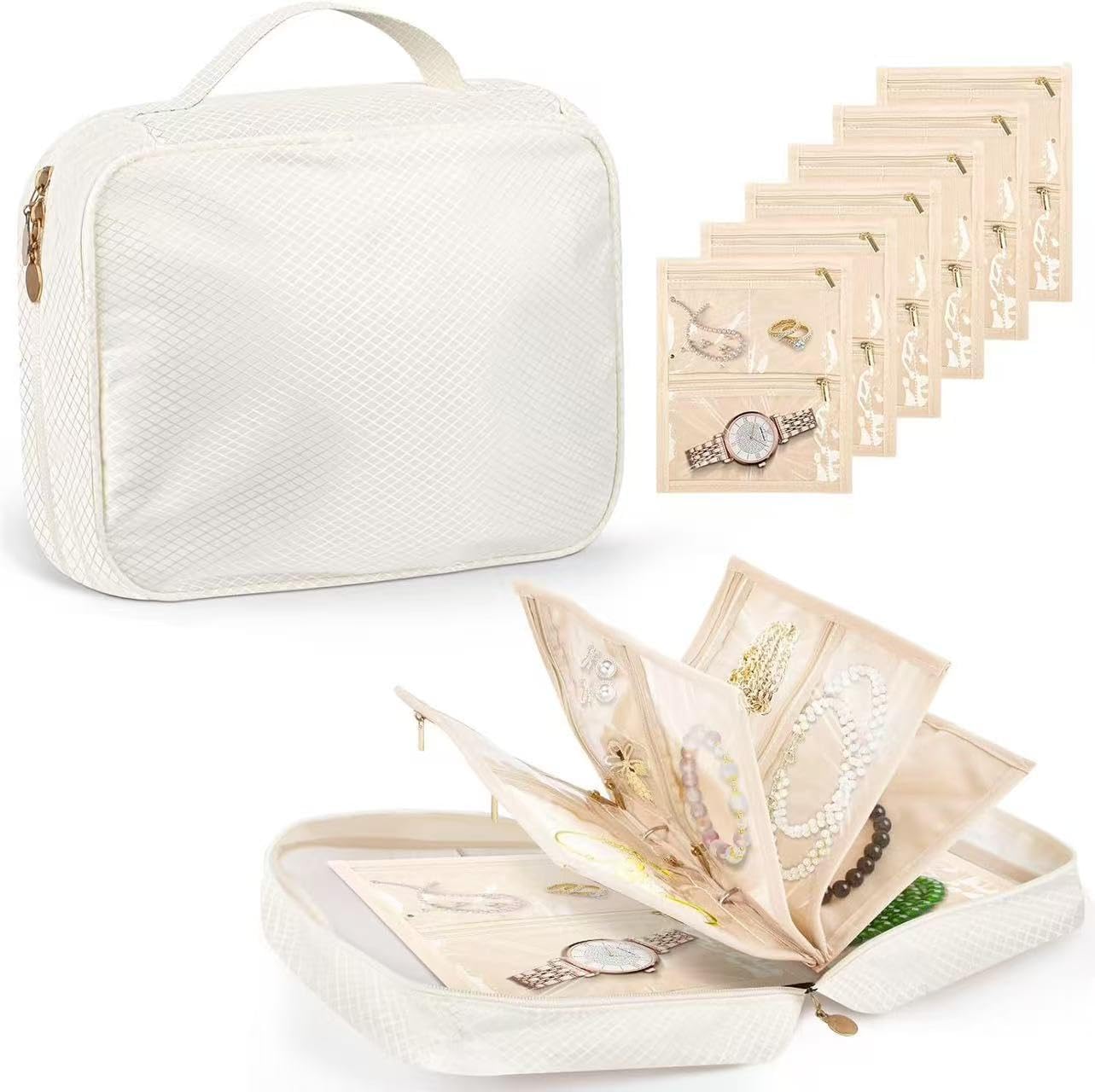 GSXRB Jewelry Organizer Travel Portable Earring Necklace Ring Jewelry Organizer Large Capacity Foldable Multi-Layer Classified Storage Bag Waterproof Antioxidant Organizer (beige)