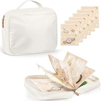 GSXRB Jewelry Organizer Travel Portable Earring Necklace Ring Jewelry Organizer Large Capacity Foldable Multi-Layer Classified Storage Bag Waterproof Antioxidant Organizer beige