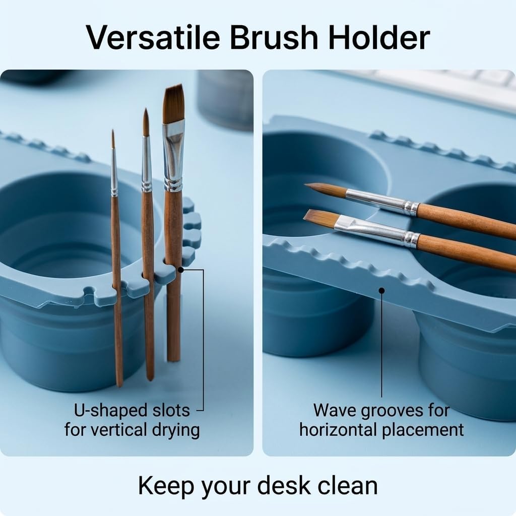 Paint Brush Cleaner Cup Foldable Silicone Brush Washer With Holder Dual Compartments For Watercolor Acrylic Oil Painting Art Supplies Portable Container For Artists Students Studio Travel Use