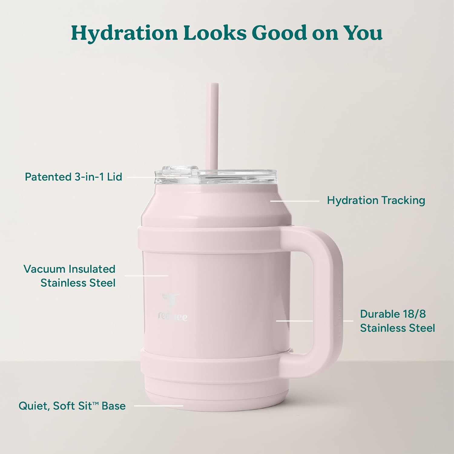 REDUCE Reusable 50 oz Cold1 Water Tumbler – Ergonomic Handle – Double-Wall Insulation – Sturdy Desktop/Tabletop Mug with Lid and Straw – BPA-Free – Stainless Steel for Gym, Home, or Office– Cotton - Image 4