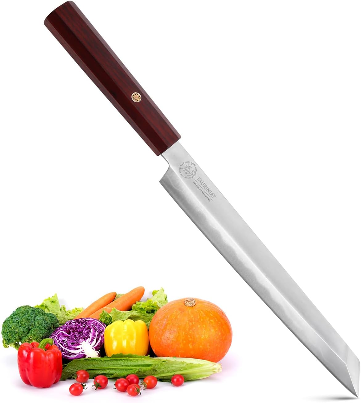 Japanese Kiritsuke Yanagiba Knife - K-Tip Sashimi Slicer 9.4 Inch, Specialty Stainless Steels Kitchen Chef Knives with Ebony Octagonal Handle (9.4" Red Sandalwood Handle)
