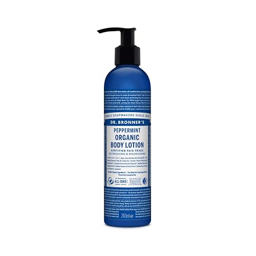 Dr Bronner's Organic Peppermint Hand and Body Lotion, Made with Organic Oils, Used for Face and Body, Certified Fair Trade & Vegan Friendly, 236ml Recycled Bottle