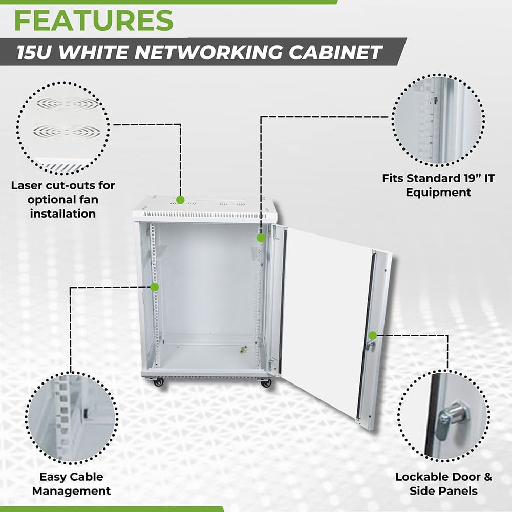 NavePoint 15U Network Cabinet with Glass Door – 15U Wall Mount Server Cabinet White 19” Rack for IT Equipment, AV Devices, Networking Equipment –21.5” Deep Server Rack Enclosure w/Wheels