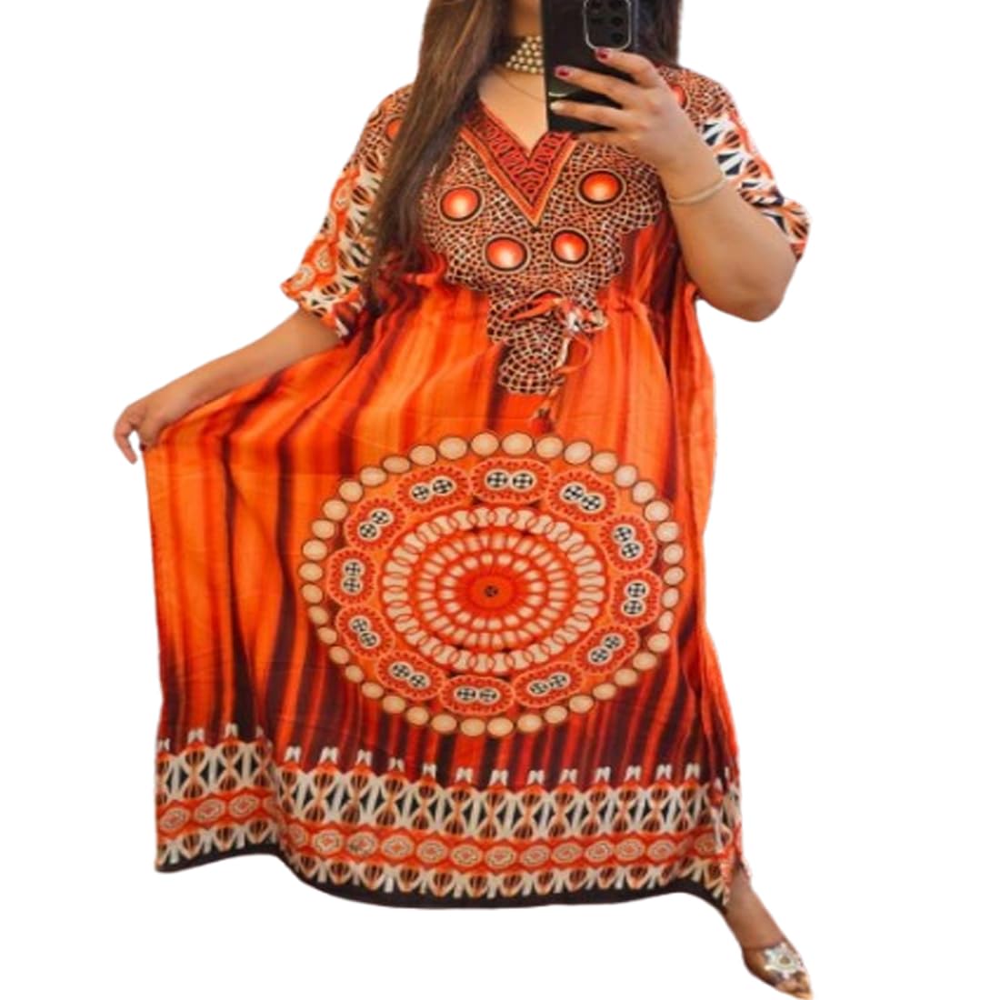 cigain Women's Boho Kaftan Maxi Dress, Royal Blue with Mandala Print, V-Neck, Short Sleeve-picture-4