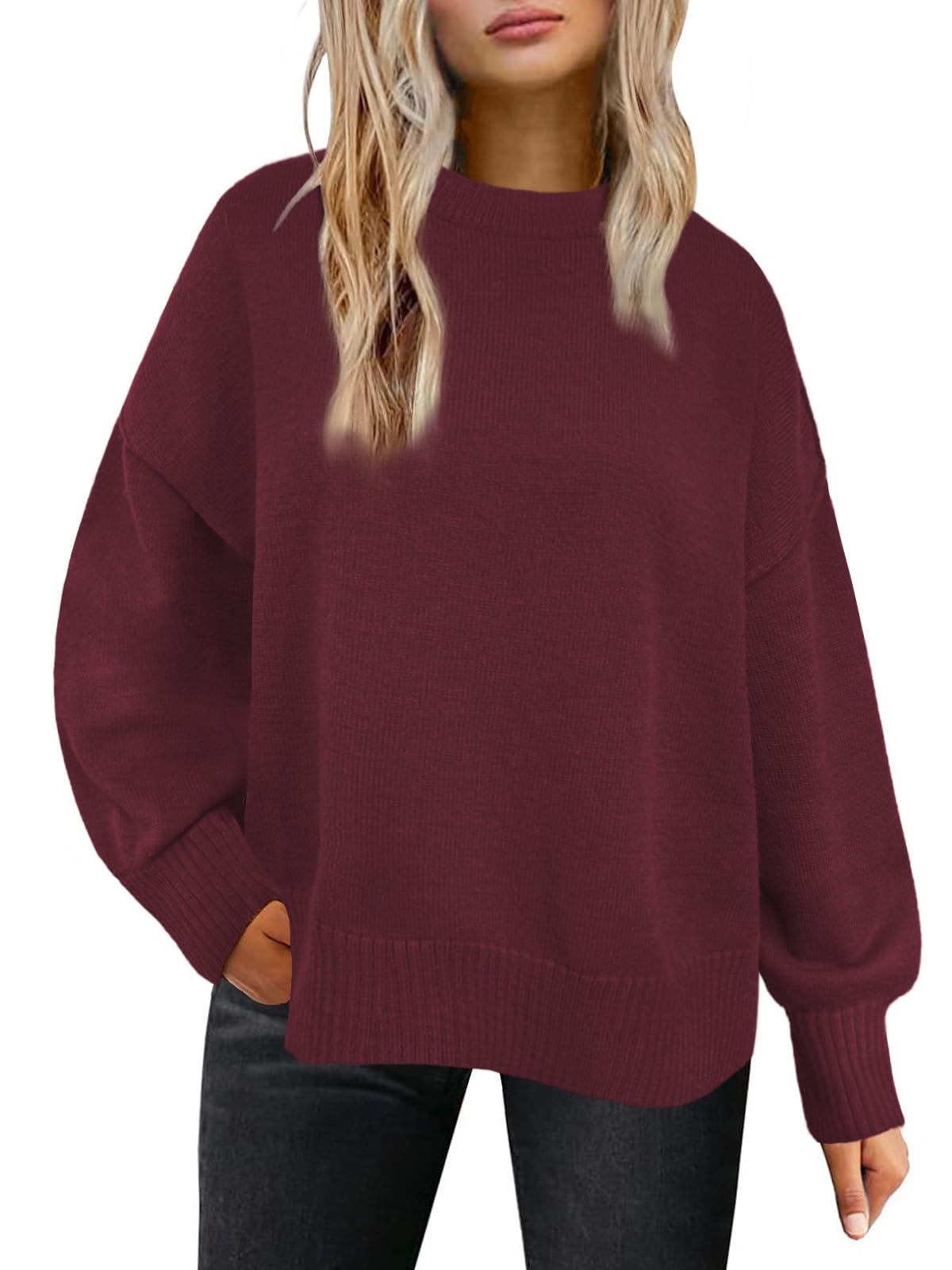 Womens Sweaters Crewneck Long Sleeve Pullover Tops Loose Fit Soft Knit Ribbed Hem Side Slit Casual Fall Winter