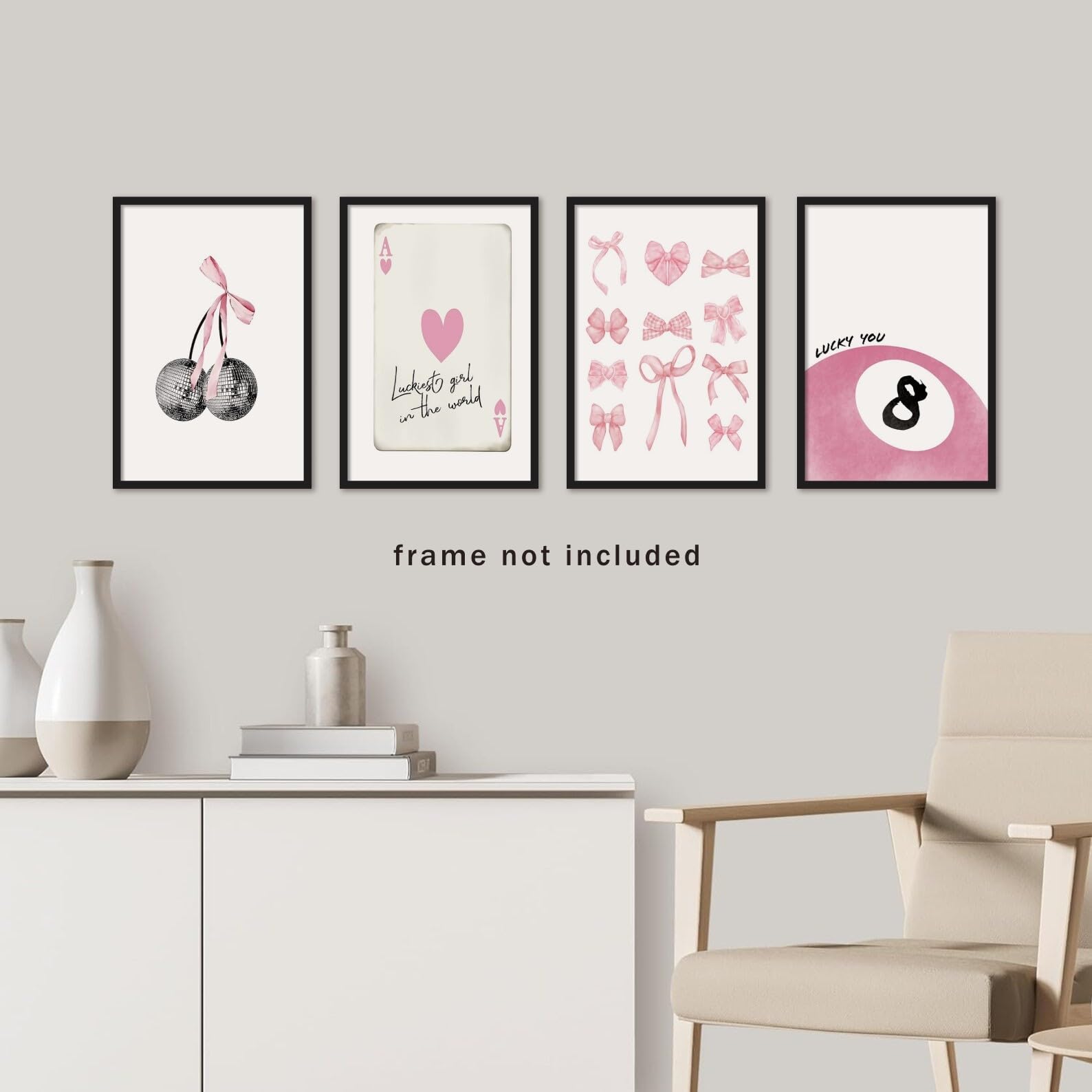 YQDEJ Lot De 4 Impressions Murales Tendance Y2K - Nœud Rose Coquette Et Boules De Cerises - Décoration Chambre - 20,3 X 25,4 Cm