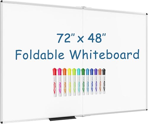 Miniatura 1 de VIZ-PRO Pizarra blanca grande de borrado en secopizarra blanca plegable magnética, 72 x 48 pulgadas, marco de aluminio plateado, con 12 bolígrafos