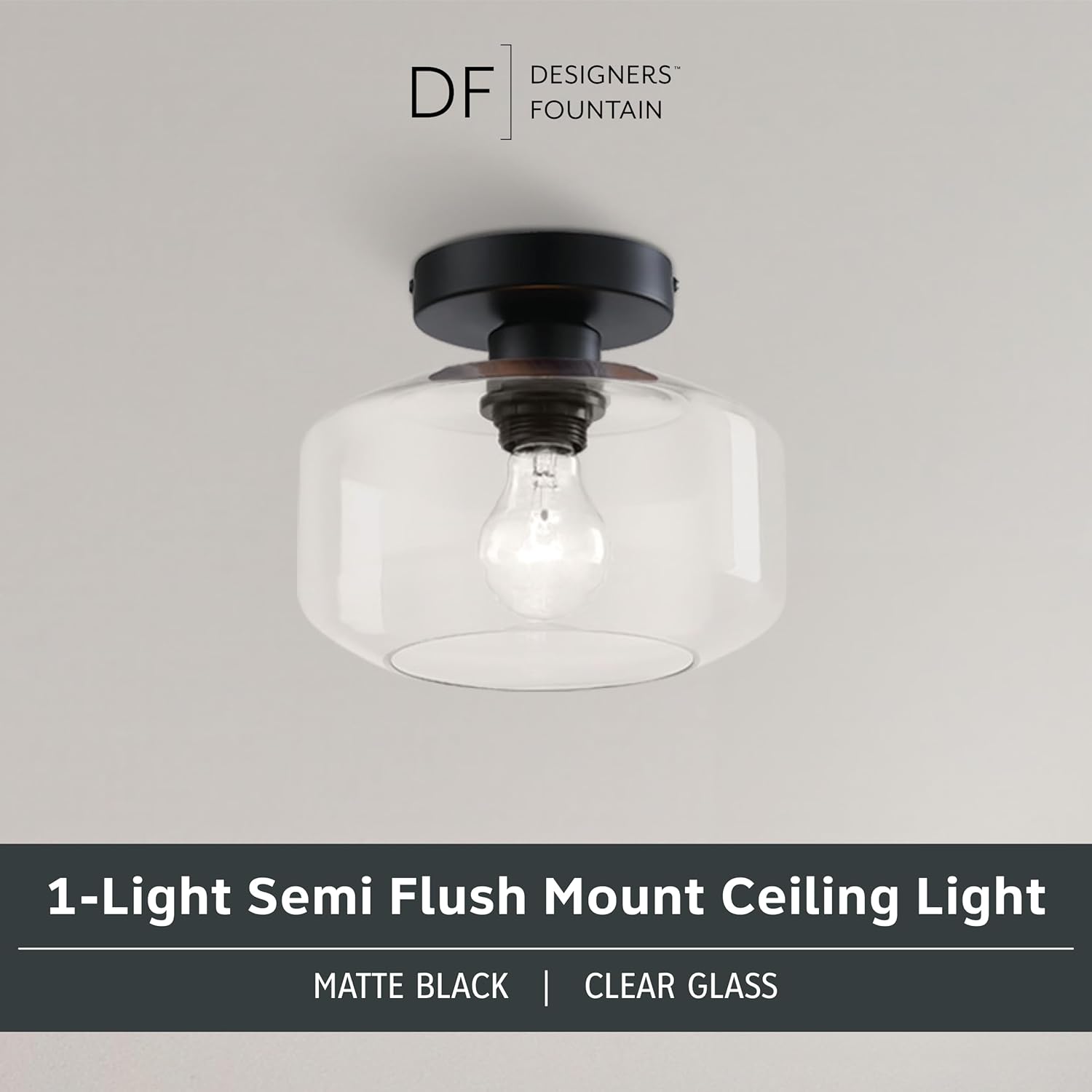 Designers Fountain Semi Flush Mount Ceiling Light, 8.75 Inch Clear Glass Lighting Fixture for Kitchen, Bedroom, Bathroom, and Hallway, Matte Black, D335M-SF-MB