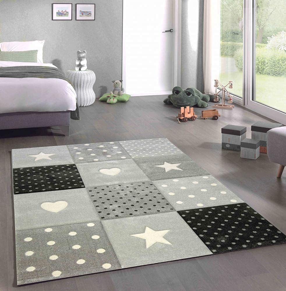 CARPETIA Kinderteppich Kinderzimmer Teppich Punkte Herz Stern Design Creme schwarz grau Größe 80x150 cm