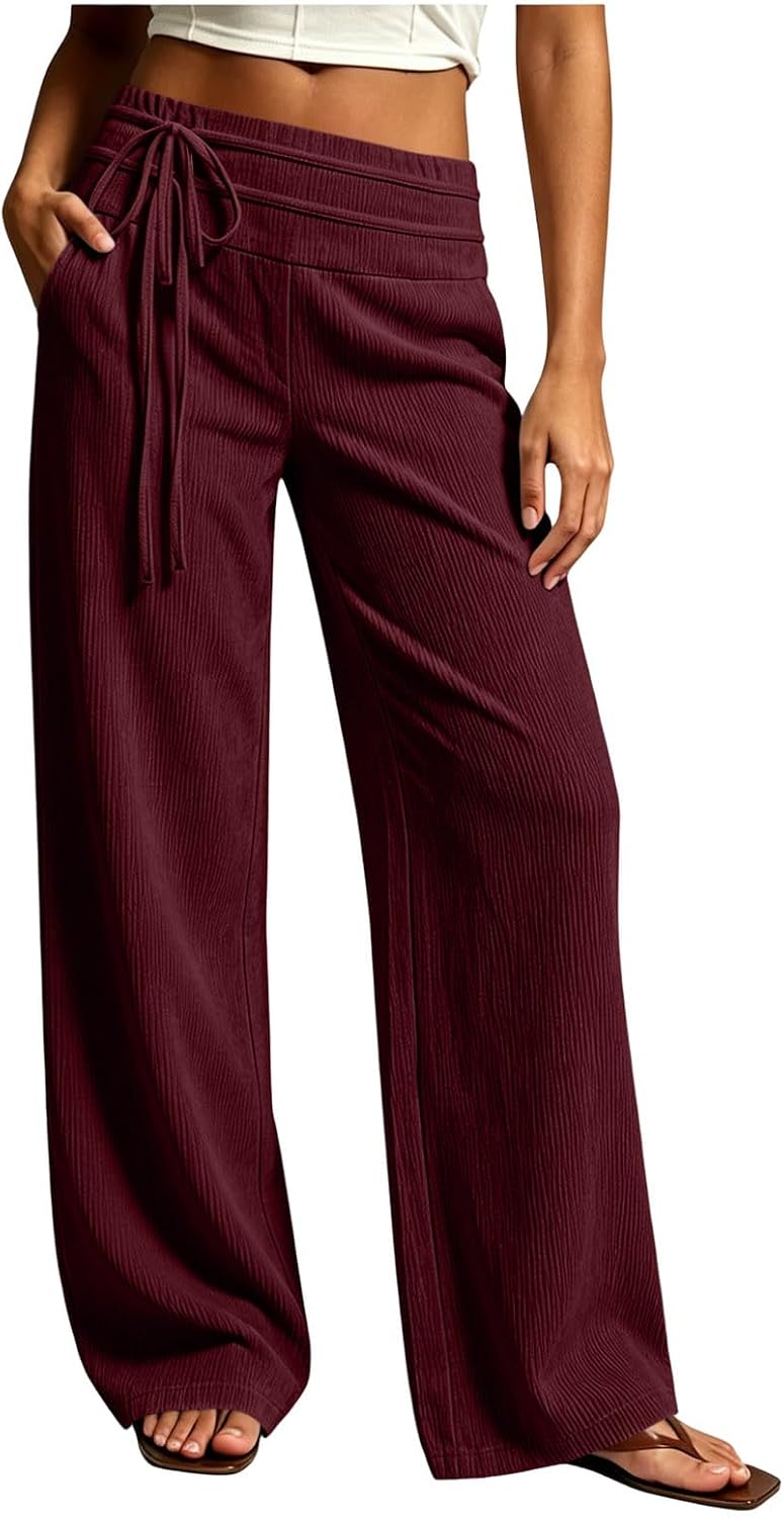 Womens Corduroy Pants Casual High Elastic Waisted Loose Fit Wide Leg Pant with Pockets Fashion Fall Winter Trousers