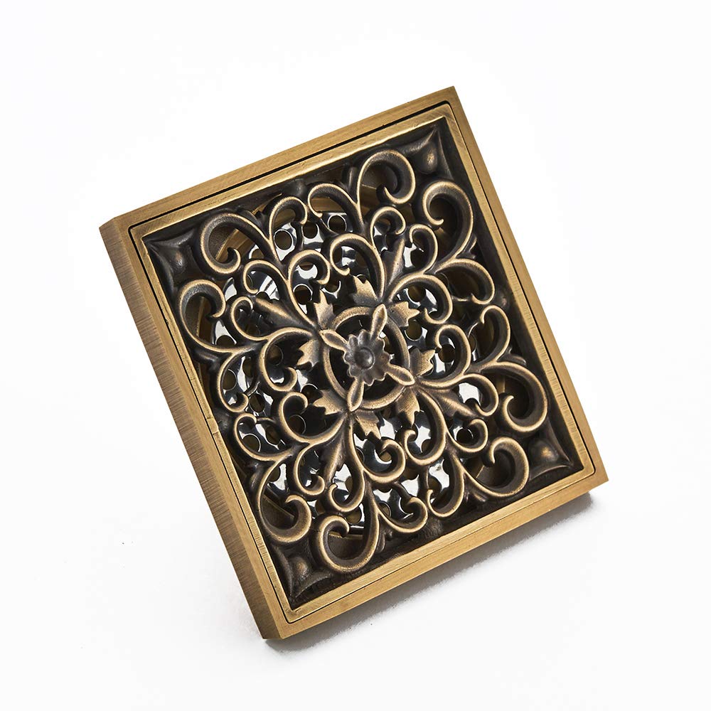 Drain de Plancher de Salle de Bain en Laiton - Anciennes Drain de Douche Carré Unique Fleur Sculptée pour Toilettes Jardin 10 * 10CM