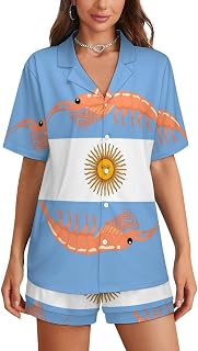 Argentine Red Shrimp Argentina Flag Women's Pajama Set Sleepwear Button Down V Neck Short Sleeve PJs