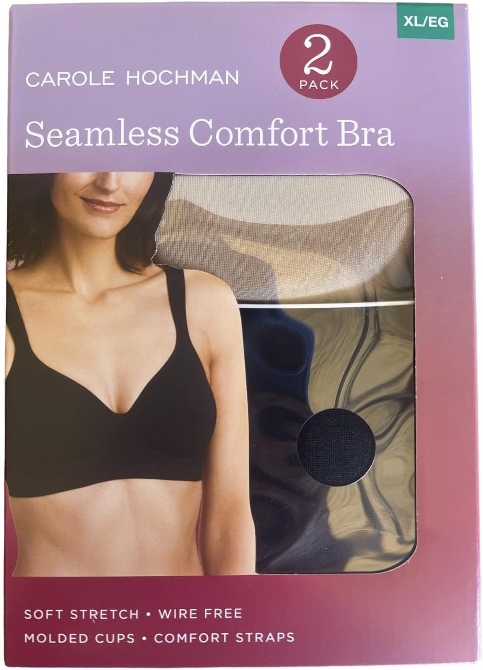 Carole Hochman Seamless Comfort Bra Wire Free Molded Cups Comfort Straps (2 Pack), Black/Taupe, X-Large