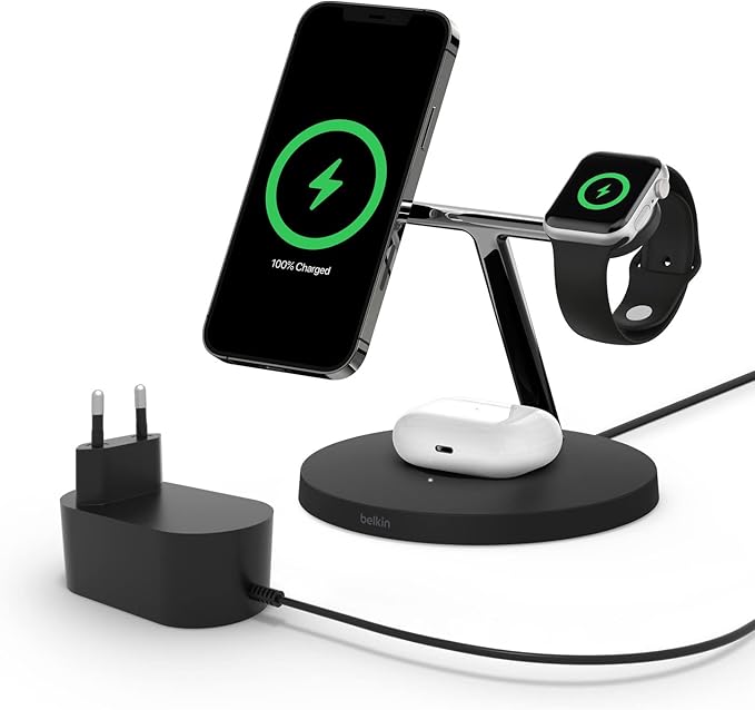 Belkin cargador inalámbrico 3 en 1 BoostCharge PRO con MagSafe para iPhone 15, Apple Watch y AirPods (carga magnéticamente modelos de iPhone 15, iPhone 14, iPhone 13 y iPhone 12 con hasta 15 W)