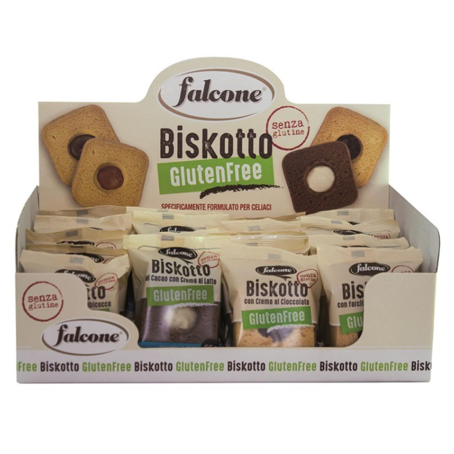 Falcone® | Biskotto® | Cofanetto di Biscotti Senza Glutine Assortiti | 24 Biscotti Gusti Cacao, Crema Latte, Ciliegia, Albicocca Senza Glutine - 1320 Gr