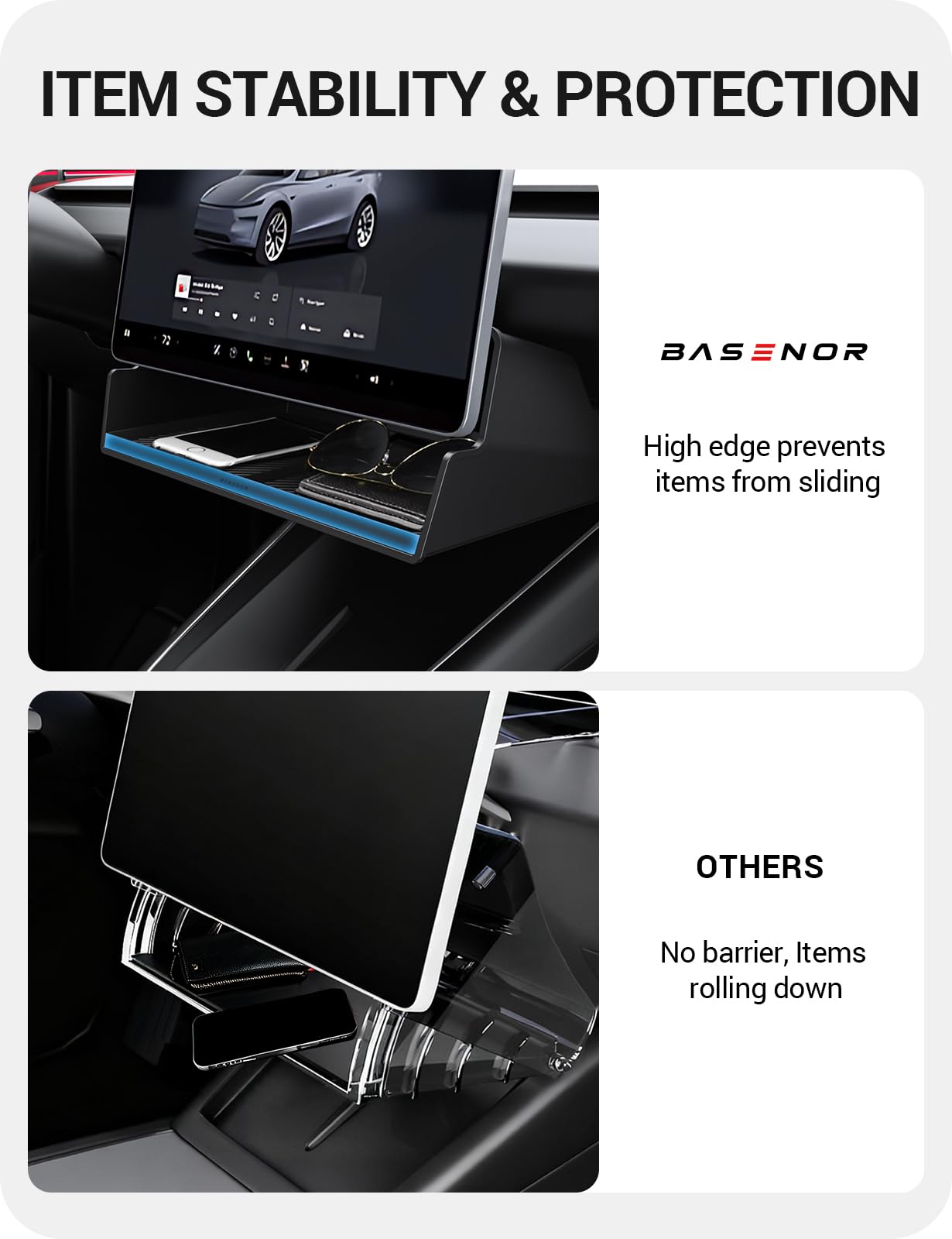 BASENOR Organizzatore Consola Centrale per Tesla Model Y Juniper 2025-2026 & Model 3 Highland 2024-2026 [100% Sicuro] Vassoio Stoccaggio Sotto Schermo, Accessori Interni Tesla