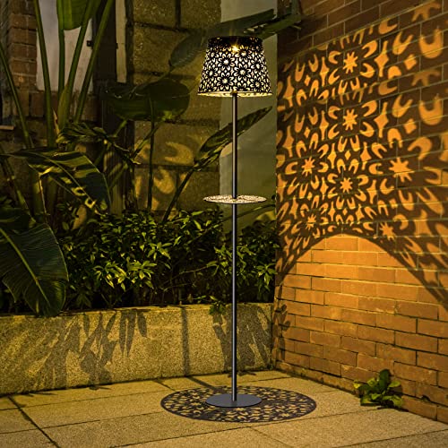 Outdoor Floor Lamps Solar Powered - 2 In 1 Waterproof Standing Lamp With Shelf, Metal Solar Lights Garden Decor Outside Table Lamp For Patio, Yard, Balcony, Farmhouse Decorations (49.2 Inches Tall) #TOP23