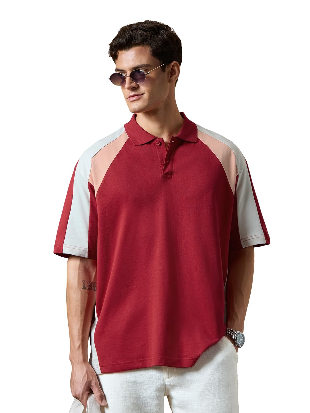 the souled store Men and Boys Short Sleeve Spread Collar Colour Block Cotton Oversized Breathable Lightweight Everyday All-Season Casual Polos-picture-40