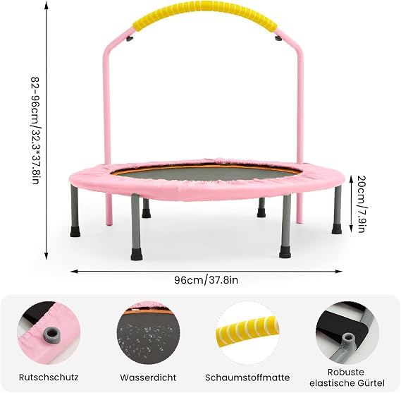 38'' Foldable Fitness Trampoline for Adults, Adjustable Handle Rebounder, Mini Trampoline for Indoor & Outdoor Workout, 220 lbs Capacity with Foam Handle for All Levels