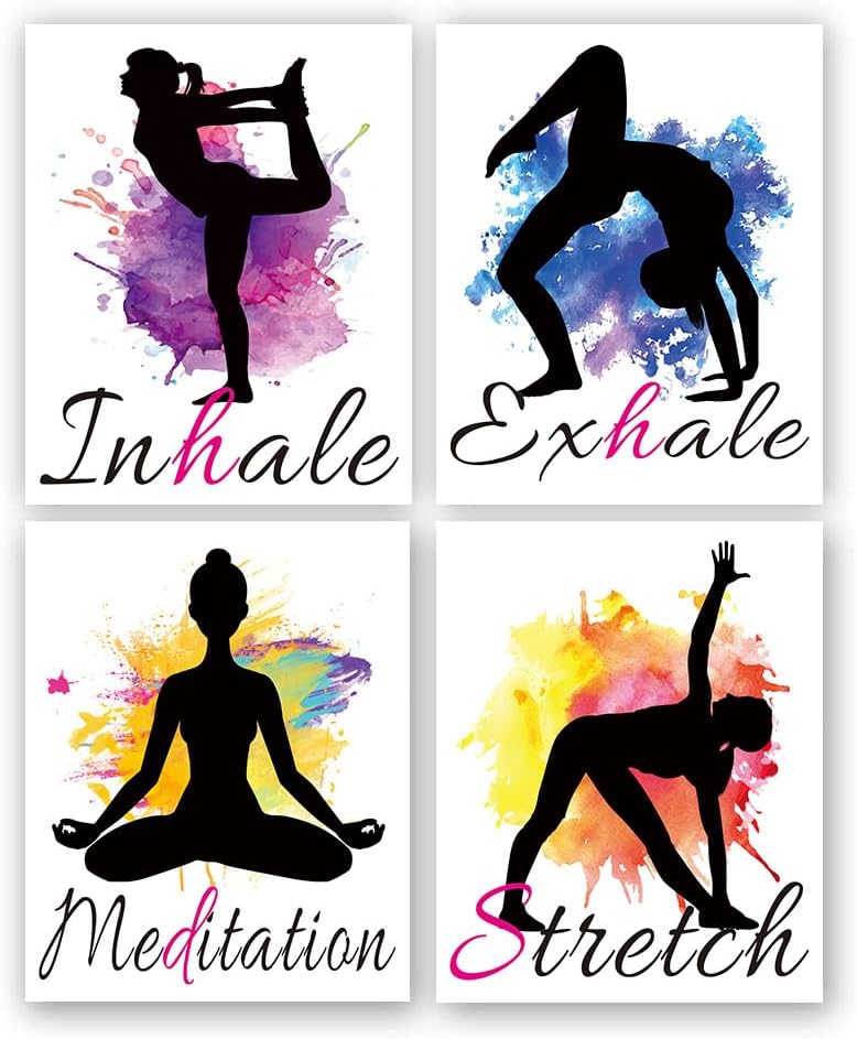 Set of 4 Yoga wall art print posters,Framed Watercolor Yoga Poster,Inhale Exhale Meditation Stretch Sports Room Painting Motivational Quote Artwork,for Home Gym Exercise bedroom Decor 8”X10”inch