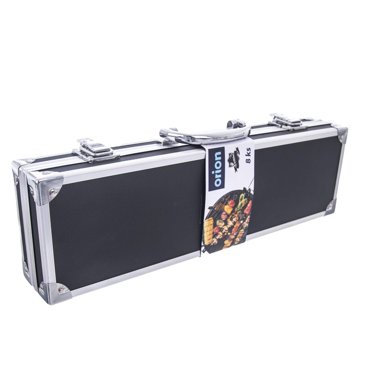 Orion Group - Juego de utensilios para barbacoa (8 piezas, pinzas, espátula para barbacoa, tenedor de carne, cepillo para barbacoa y brochetas dobles, 4 unidades, con maletín de asas largas)