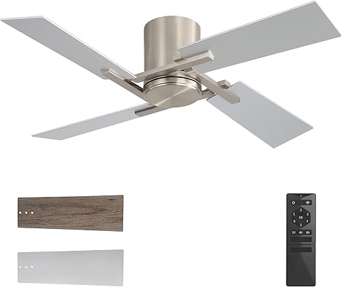 Miniatura 1 de WINGBO Ventilador de techo de montaje empotrado de 48 pulgadas sin luz, 4 cuchillas de madera contrachapada, motor CC reversible de 6 velocidades,