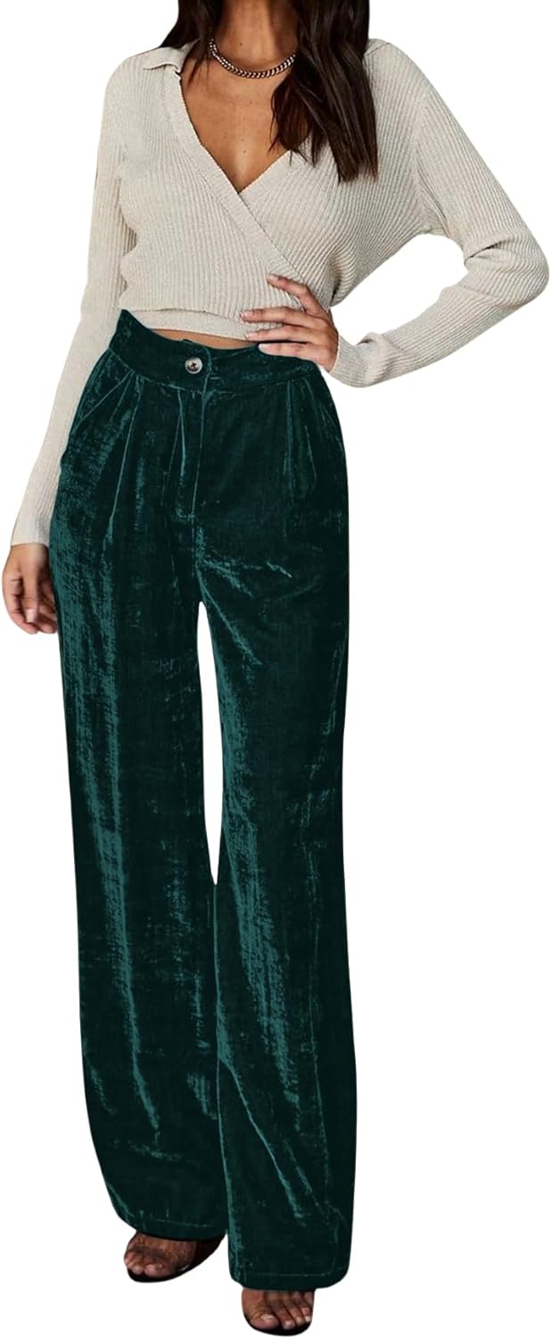 JUMISEE Women’s Velvet Wide Leg Pants Elastic High Waisted Palazzo Pants Business Work Casual Trousers with Pockets - Image 3