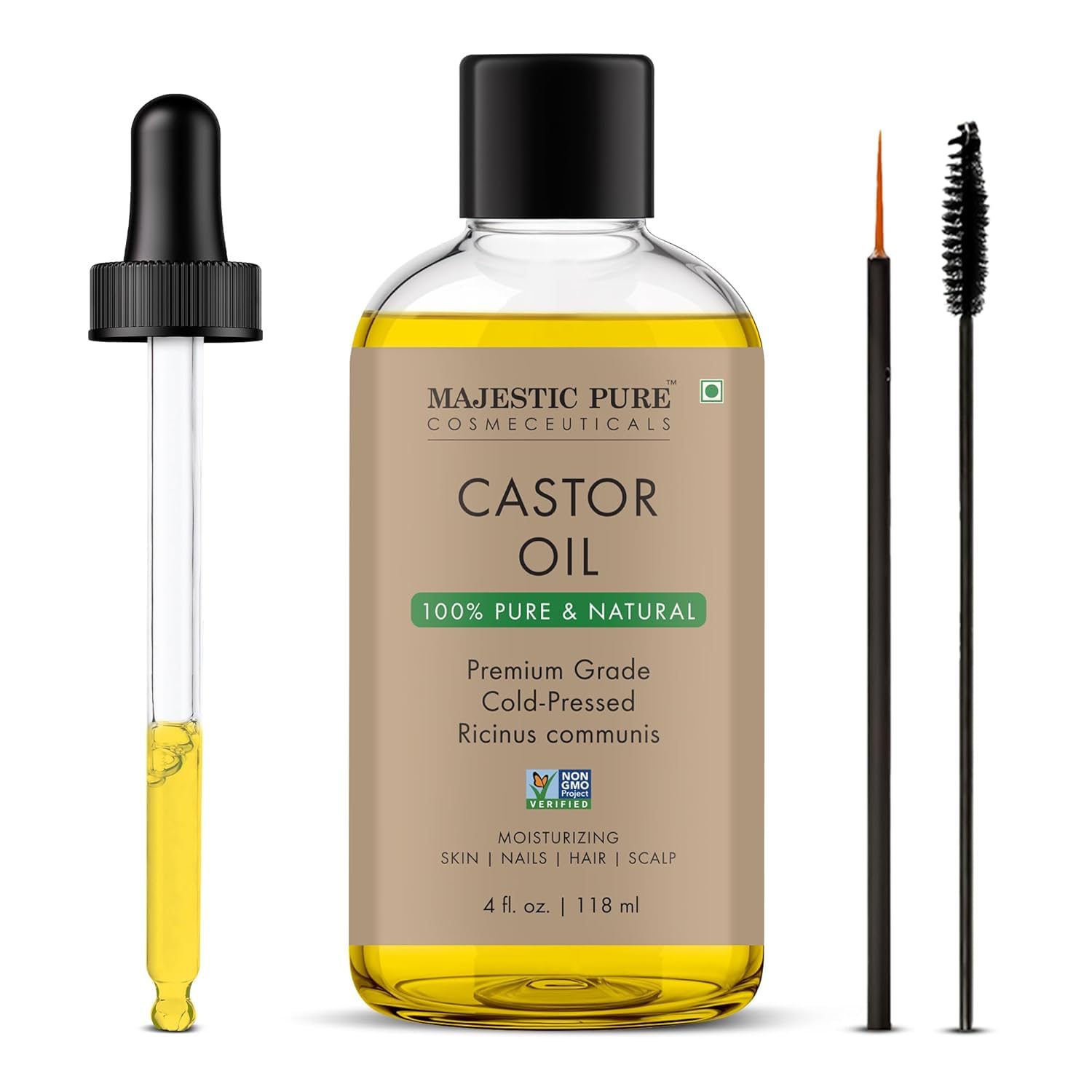 Majestic Pure Castor Oil with Applicator - 100% Pure & Natural - Premium Grade, Cold Pressed, Hexane Free - Hair, Eyelashes, Eyebrows, Nails - Moisturizing & Nourishing - 4 Fl Oz