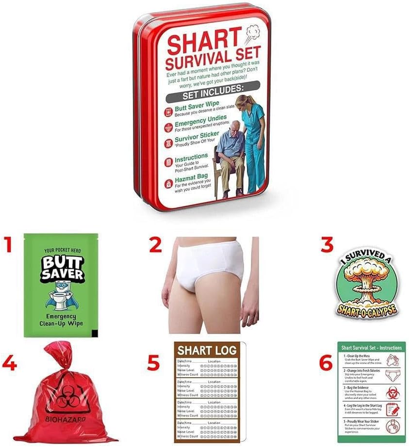 Shart Survival Set,Funny Gag Gift Boyfriend& Girlfriend Gifts Includes Disposable Underwear, Hazmat Bag, Wet Wipe and More,Unique Humor Joke Gift Set for Men Humor Prank Him Fart