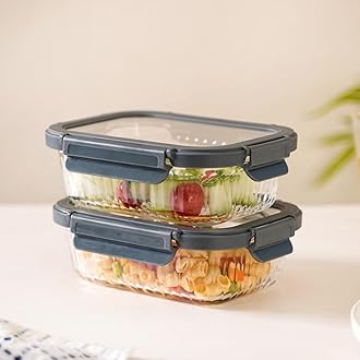 Nestasia Transparent Glass Lunch Box Set of 2 (640ml Each), Borosilicate, Microwave and Dishwasher Safe, Airtight and Leak-Proof Food Containers with Safety Lock, Lunch Boxes for Men and Women