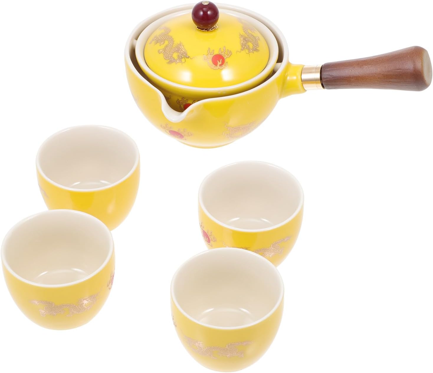 360° Side Handle Ceramic Tea Set with Filter, Heat Resistant Black Clay Teapot and Four Cups, Kung Fu Travel Teaware for Home and Outdoor Brewing